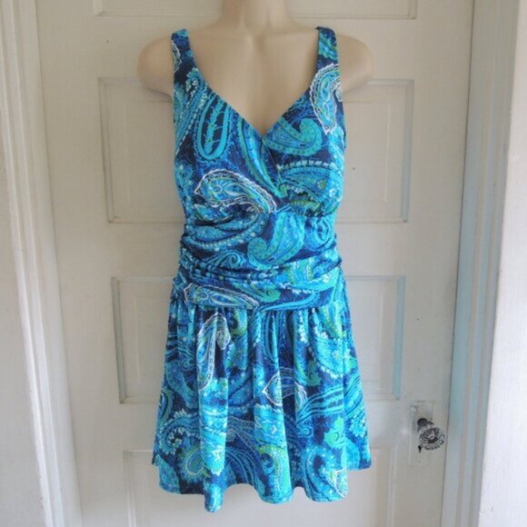 D & Co. Beach Blue & Green Paisley Ruched Swim Dress One Piece Skirt 16 - Picture 1 of 12
